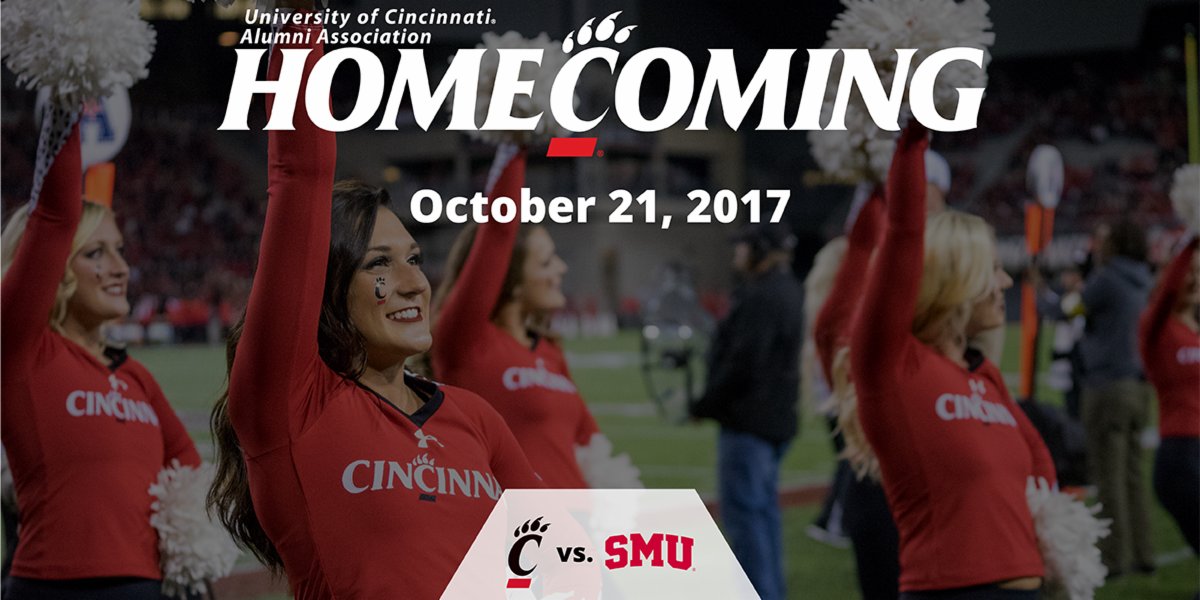 uofcincyalumni's tweet photo. SAVE THE DATE: #UCHomecoming 2017 is scheduled for Oct. 21 vs. SMU. #UCAlumni https://t.co/EVOXCuigMU