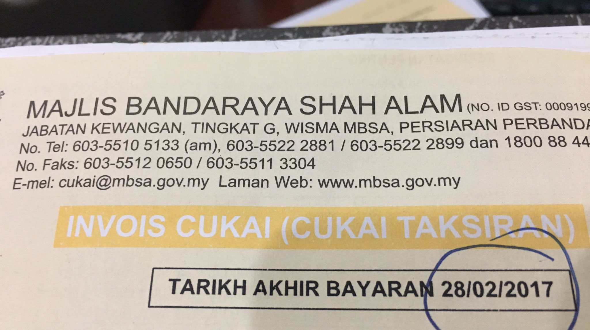 Bil cukai taksiran mbsa 2021