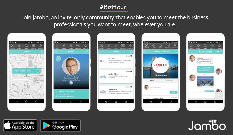 Jambotribe's tweet photo. #Bizhour Network with Jambo - an invite-only community of #business #professionals. Download now: https://t.co/WwMn1v7N1t #NetworktheWorld https://t.co/bSRAItWHaA