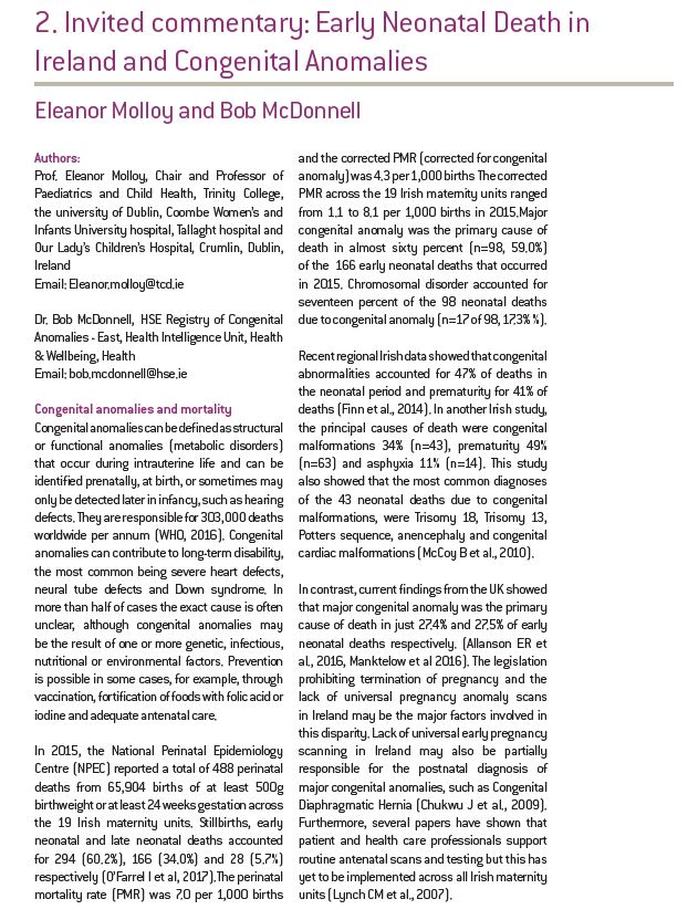 Invited commentary 'Early Neonatal Death in Ireland and Congenital Anomalies' from Prof Eleanor Molloy &amp; Dr Bob McDonnell #NPECPM15