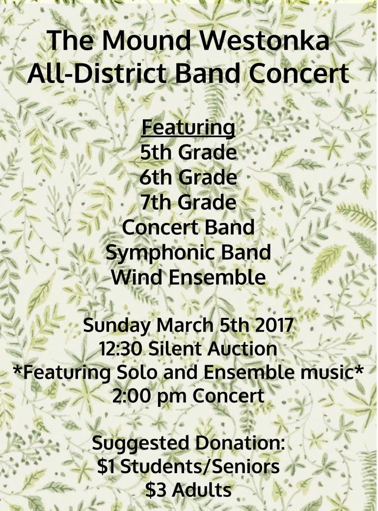 thewestonkaedge's tweet photo. The All-District Band Concert this Sunday, March 5, is a can't-miss event! https://t.co/Oq5ywddo7i https://t.co/vpc9C6Xnu3