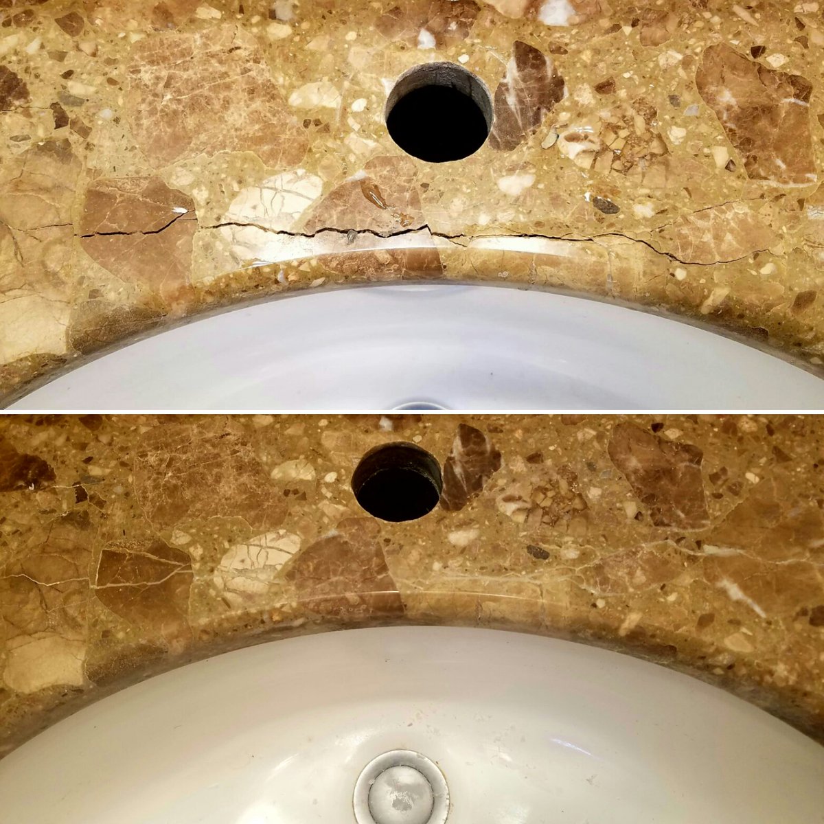 SurfaceSaver's tweet photo. Crack repair performed on bathroom vanity. #quartz #granite #marble #solidsurface #concrete #sink - we repair all surfaces and sink issues https://t.co/lITucJtM5V