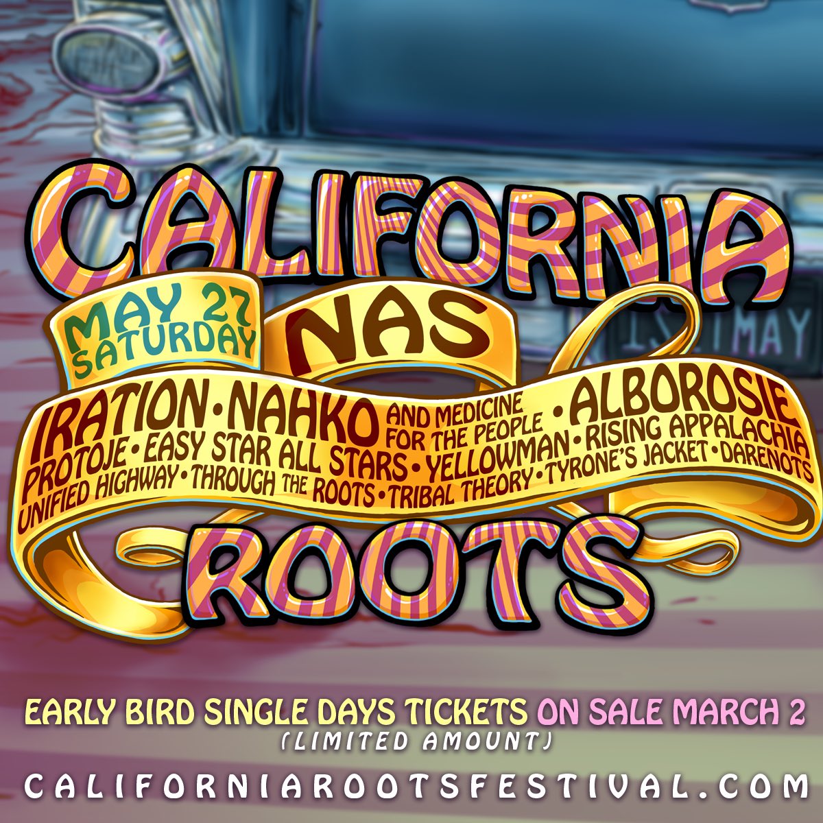 tribaltheory's tweet photo. May 27th we perform @Calrootsfest!

Single day tickets on sale Mar 2nd

Here: https://t.co/KMT8sq6yMS

#californiaroots #itsamovement #nas https://t.co/K6WpU12Kw4