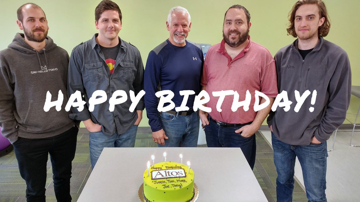 altos's tweet photo. It's #birthday time at @altos! Congrats to Justin, Tom, Matt, Joe, and our fearless leader Tony! #agencylife #altoslifenh #triolosbakery https://t.co/8N2Dxq0bOF