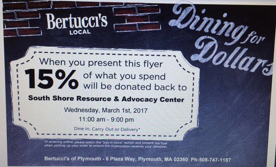 PLYMOUTHSSRAC's tweet photo. Hey everyone come on down to Bertuccis in Plymouth tomorrow and help us raise some money! A portio of your meal will go right to our center! https://t.co/fJzUJgf9nb