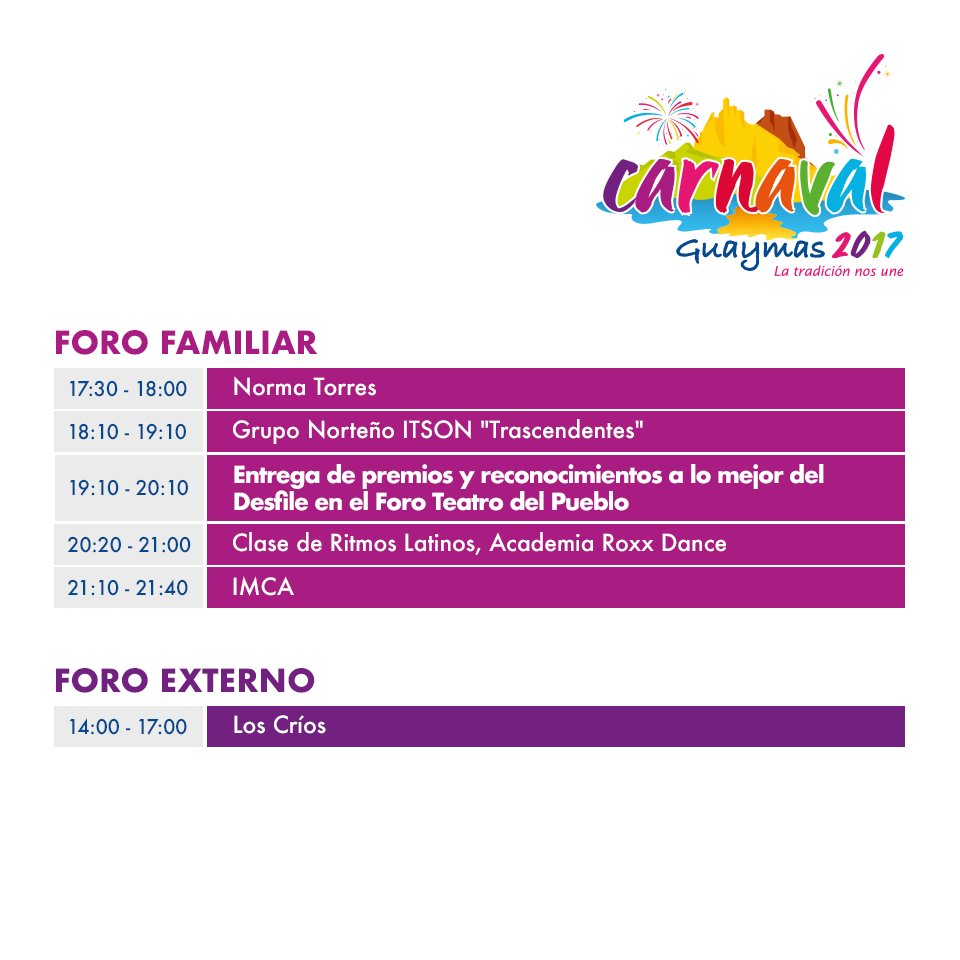 GuaymasCarnaval's tweet photo. Les dejamos el programa del día de HOY para que no se pierdan de ninguna presentación. #LaTradiciónNosUne https://t.co/9CiRjVYd71