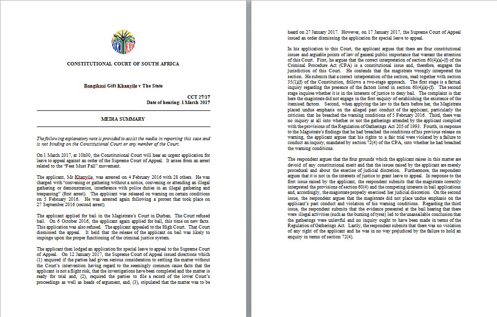 ConCourtSA's tweet image. Urgent hearing tomorrow 10am: Should bail have been granted to Fees Must Fall student? (Bonginkosi Khanyile v S)