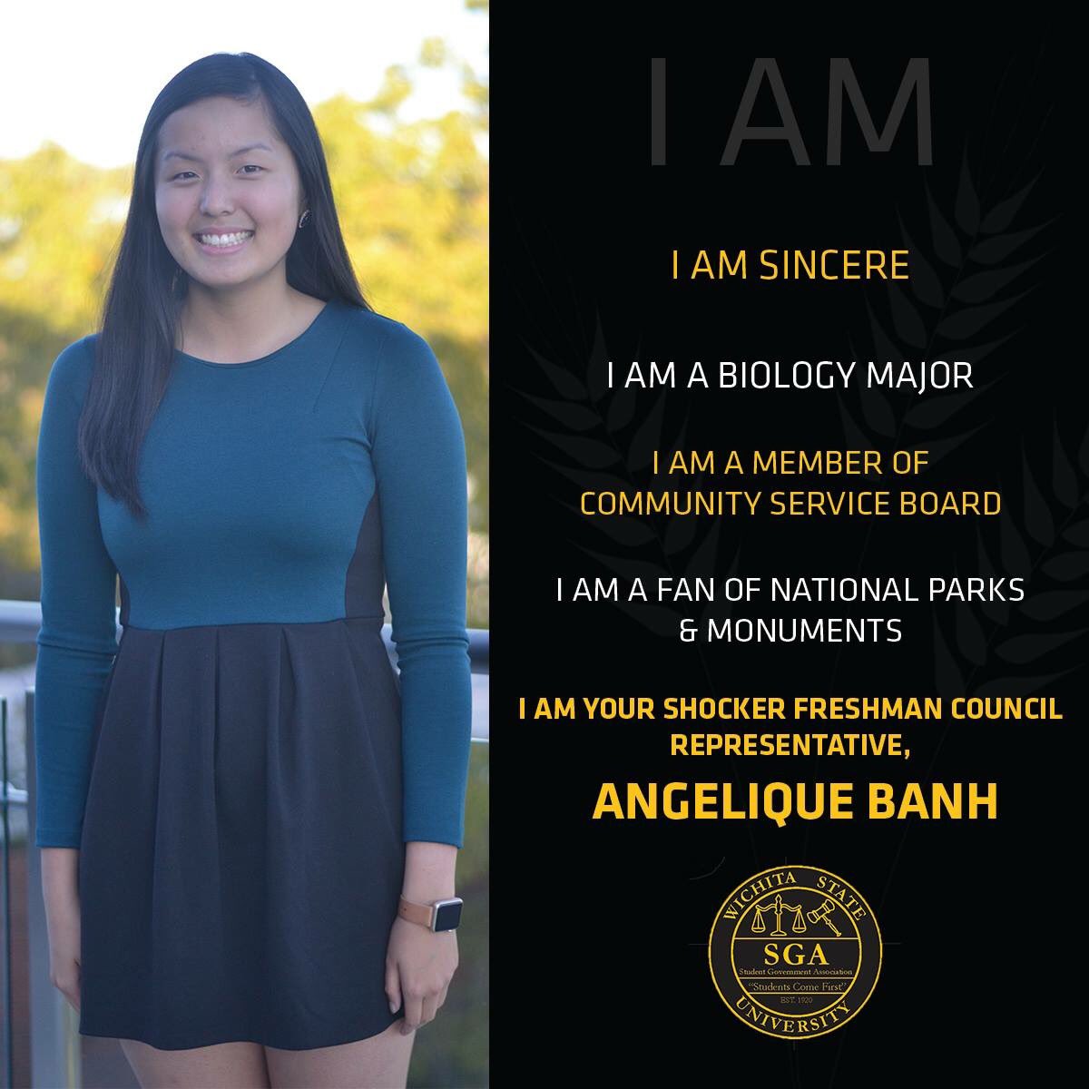 WichitaStateSGA's tweet photo. Meet your Shocker Freshman Council Representative, Angelique Banh! https://t.co/1ujJdG2BKG