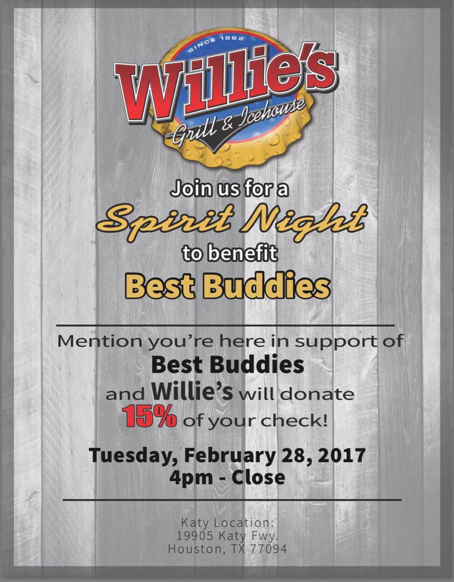 hey y'all!!Tonight we r having a spirit night at Willies from 4-9:)come out 2 support best buddies❤don't forget to show this flyer!!!!