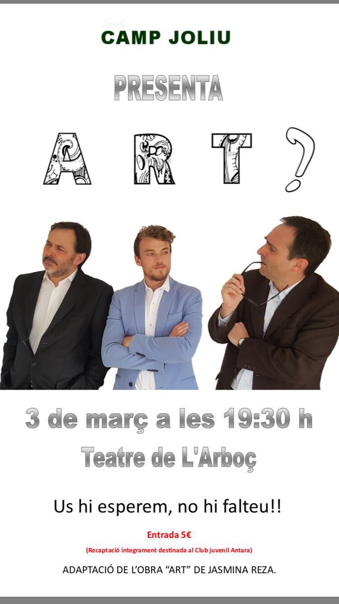 campjoliu's tweet photo. Encara no heu vist Art? Una obra irònica i divertida interpretada per tres professors de l'escola. No us la perdeu! @rusitar @geniispascual https://t.co/rc7rzr35vP