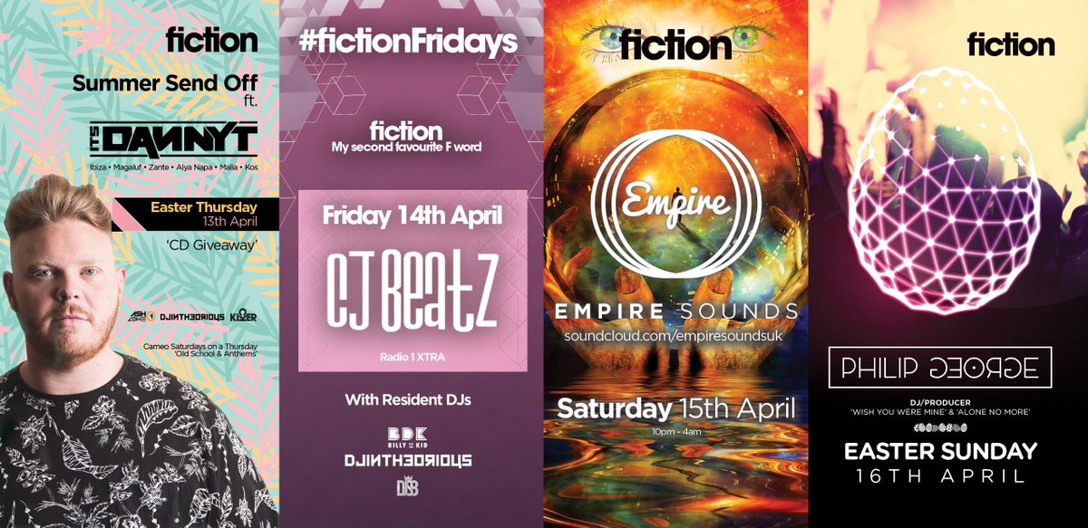 Easter Weekend | 13th - 16th April 17
Thu - <a href="/ItsDannyTDJ/">ItsDannyTDJ.eth</a>
Fri - @CJBeatz
Sat - <a href="/empiresoundsuk/">Empire Sounds</a>
Sun - <a href="/philipgeorgeuk/">Philip George</a>

fictionclub.co.uk/romford