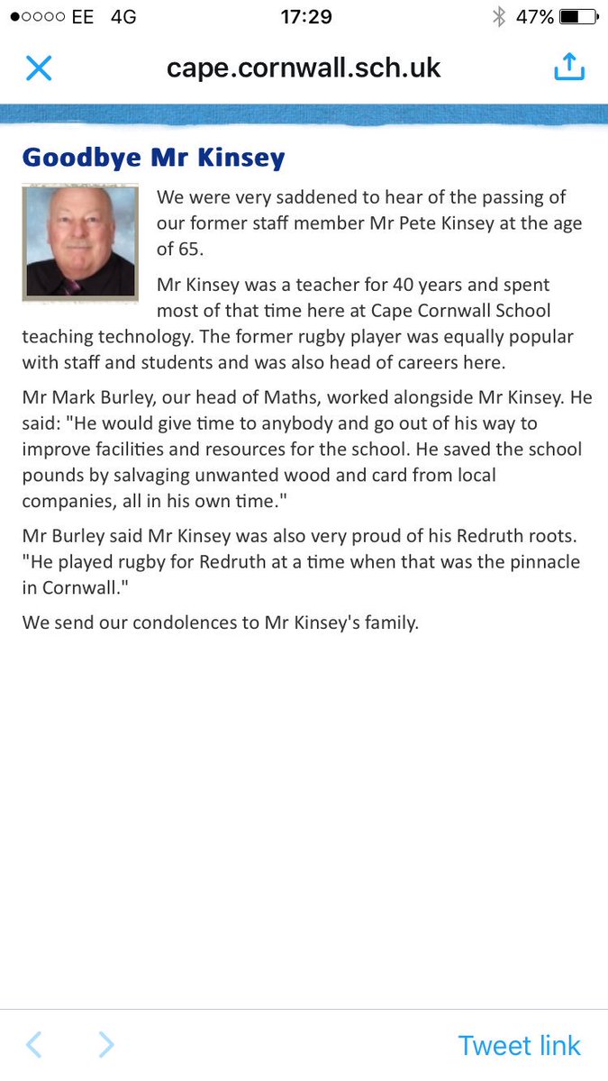 mattjess14's tweet photo. Very sad to hear the passing of @capeschool legend Mr Kinsey. Thoughts and prayers go out to his family at this sad time. A true legend #RIP https://t.co/Zd3wGvk4tV