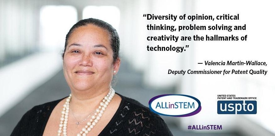 USPTOjobs's tweet photo. Dep. Comm. for #Patent Quality V. Wallace was encouraged to explore math &amp; science. Read about her: https://t.co/pSr1oR8gRF. #AllinSTEM https://t.co/r7eukBRZFd
