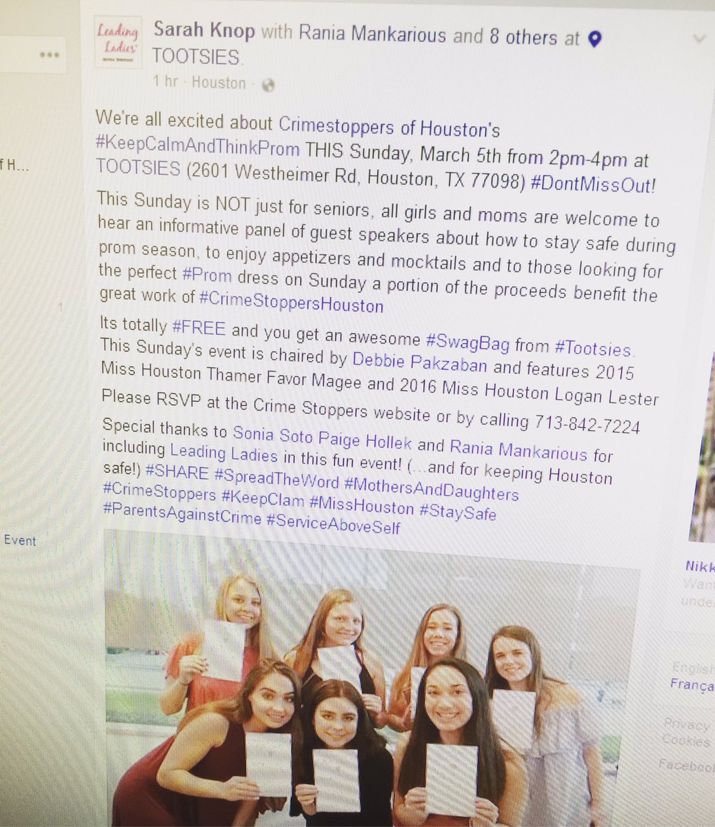 CrimeStopHOU's tweet image. Thank you @leading4ever for your tremendous help promoting our annual #promsafety event this Sunday at @ShopTootsies! You can still join us!