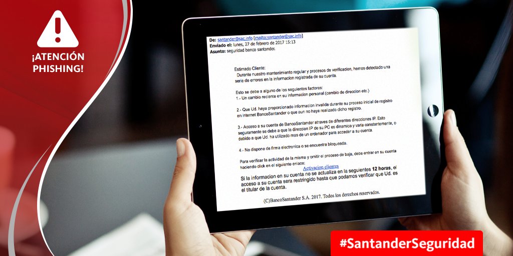 🔊🔊¡¡ALERTA!! Vuelve #Phising de Banco Santander. No solicitan nunca por 📧 datos personales ni te dirigen a banca online #NoPiques #Fraude