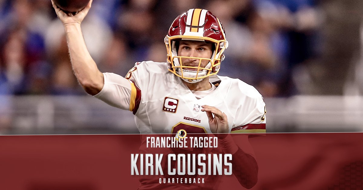 Commanders's tweet photo. #Redskins place exclusive franchise tag on QB @KirkCousins8.

📰: https://t.co/BeuQJqIVaX https://t.co/LewsZonrZB