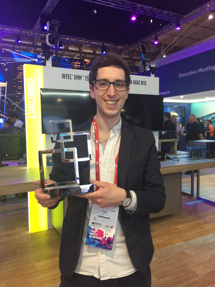intelcapital's tweet photo. Tom @Mursell of @what3words holding the MWC GLOMO award for best use of mobile for travel https://t.co/aq3XNFyXLz