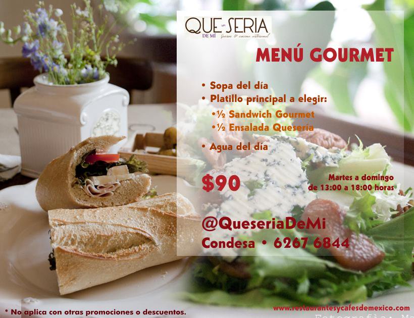 RestauranteCafe's tweet image. Delicioso😋 #MenúGourmet Sopa del día + Agua del día + Platillo principal: ½ Sándwich ó ½ Ensalada @QueseriaDeMi #DeliMenu #Condesa
