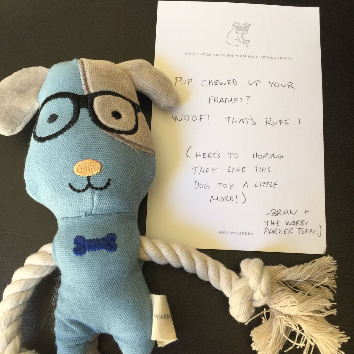 Beddy_Tee's tweet photo. Wow @WarbyParker My frenchie chewed my glasses, they offer to replace them, AND send this to my naughty pup! #customerservice #customer4life https://t.co/wAM1SljOlG