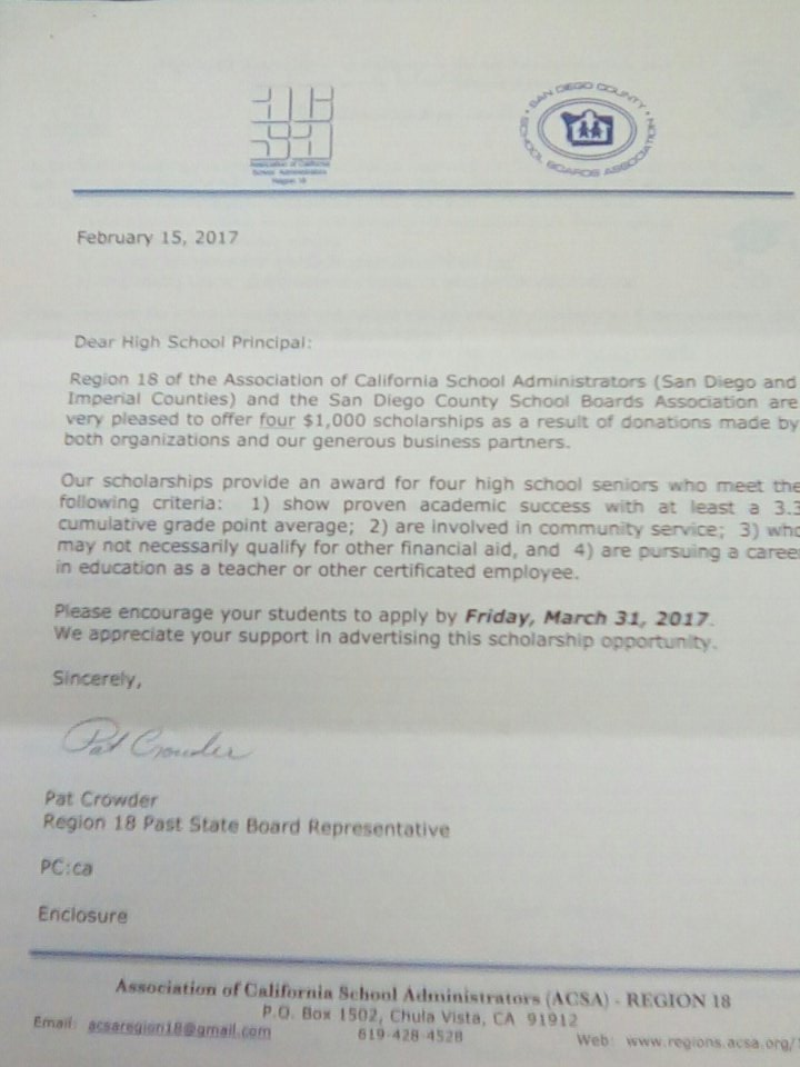 Region 18 of the Association of California School Administrators Scholarship Available.  Applications are in the Career Center