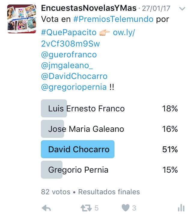 mundonoveleromx's tweet photo. Felicidades a @DavidChocarro por ser el Ganador de #QuePapacito 🙎🏻‍♂️💪🏻🙈 en #PremiosTelemundoNovelas 
 👏🏻🎉 

#EncuestasNovelasYMas ! https://t.co/7FRWNMJeqw