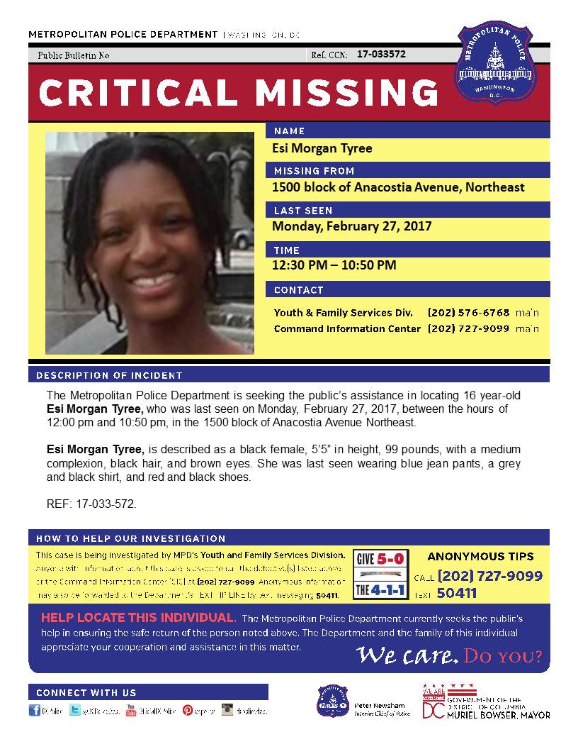 DCPoliceDept's tweet image. Critical Missing: 16 yo Esi Morgan Tyree.  Last seen 1500 blk Anacostia Ave, NE on 2/27.  Seen her?  Call 202-727-1099.