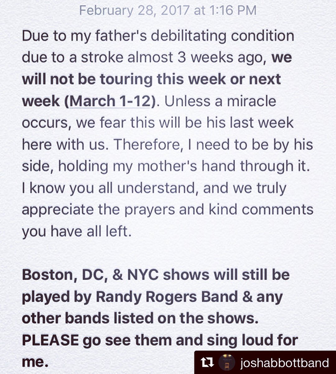 Sending love, light and prayers to <a href="/joshabbottband/">Josh AbboŦŦ</a> and his family.