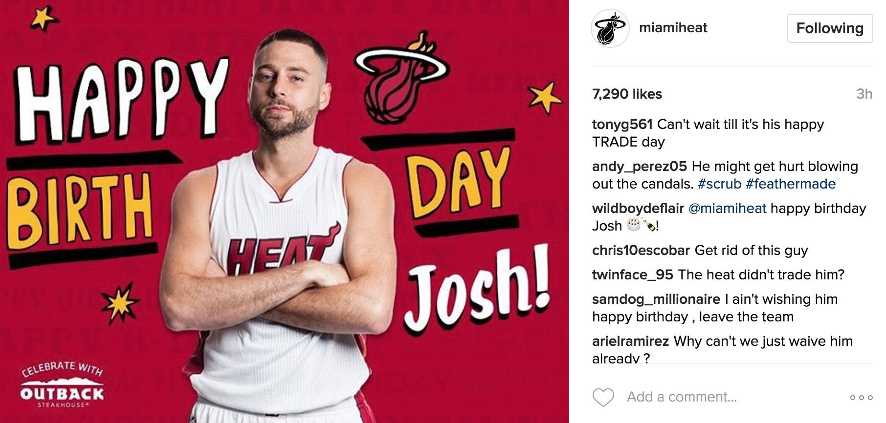 The Heat messageed Happy Birthday to Josh McRoberts and y\all reacted like savages 
