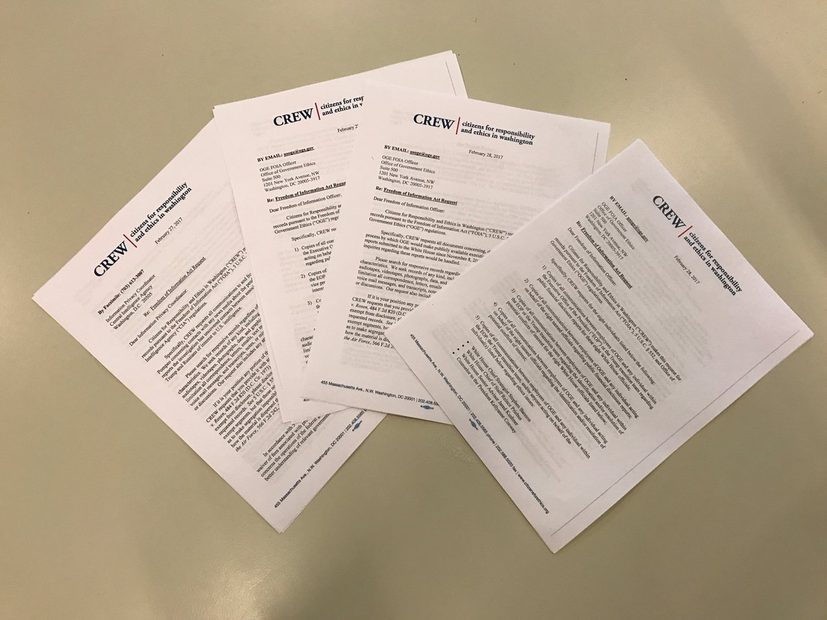 CREWcrew's tweet photo. Today's round of FOIA's to the CIA, OGE &amp; White House, because rules are meant to be followed. https://t.co/wrTkx5EWJI