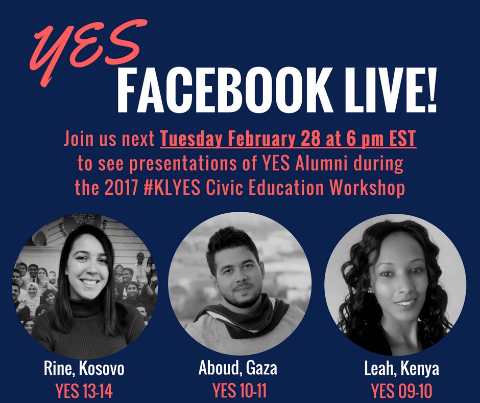 yesprogramnews's tweet photo. We are going LIVE now! Join us https://t.co/IU2GGdC1jy to see amazing #YESAlumni presentations! #CivEdWeek #KLYES https://t.co/WD4bHm3kwS