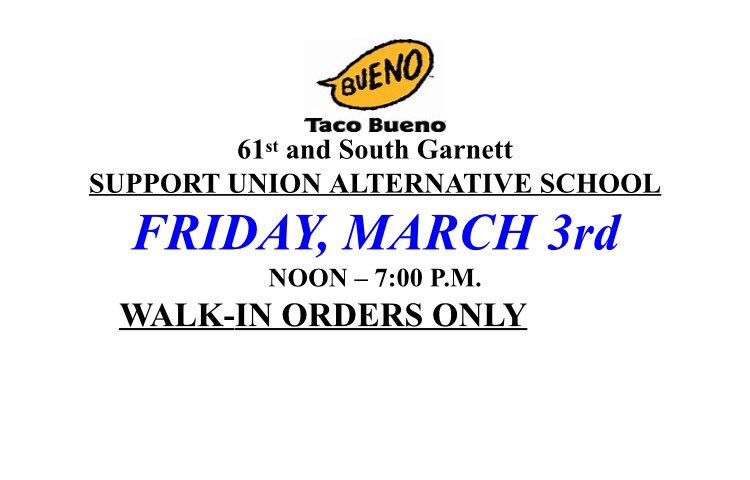UnionAltEd's tweet image. Make plans to pick up some @tacobueno on Friday to support @UnionAltEd ! See attached flyer for details. Thank you!!