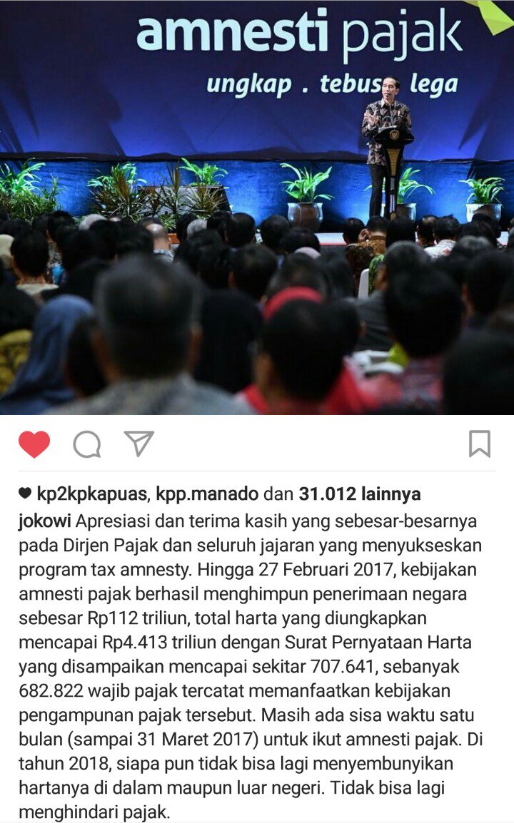 pajaktuban's tweet photo. Beneran gak mau ikut Amnesti Pajak?
Masih ada waktu 1 bulan lagi lho.
Manfaatkan fasilitas ini. 
Daripada daripada.....

Foto: IG @jokowi https://t.co/uSqGlDpdcY