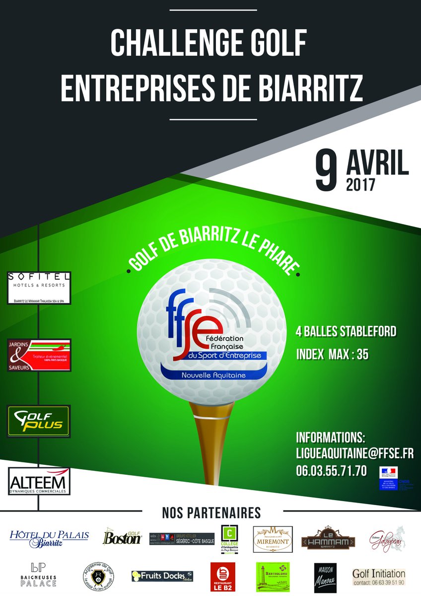 FFSEAquitaine's tweet photo. La Ligue N.Aquitaine du Sport d'Entreprises organise le 9/04/17 le Challenge Golf Entreprises à Biarritz. +d'infos : https://t.co/dIEl20rL9J https://t.co/K8hqckI3TV