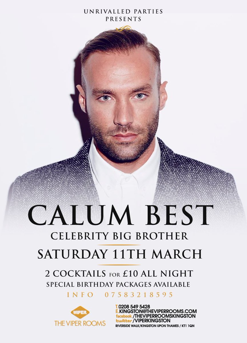 To book a VIP table for @CalumBest message us now 07583218595 limited remaining Saturday 11th march #unrivalledparties #welovesaturdays