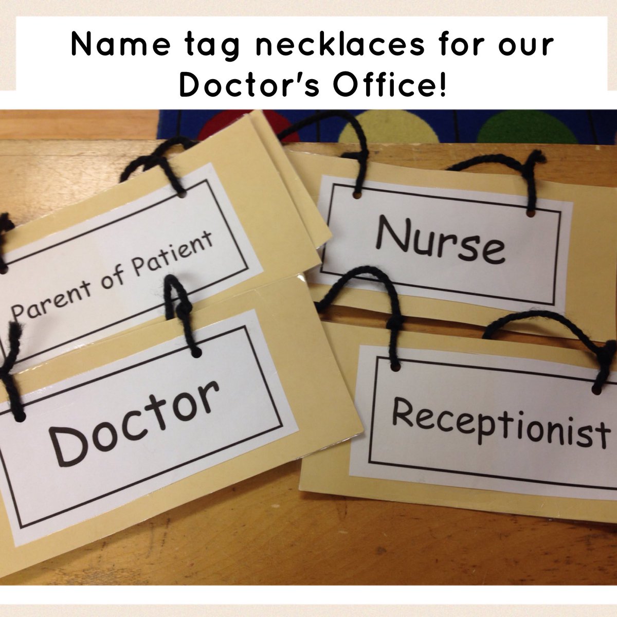 fdkparkview130's tweet photo. Name tag necklaces for socio-dramatic play at the Doctors Office! #FDK #communityhelpers #dramaticplaycentre https://t.co/3DlGURqFI1