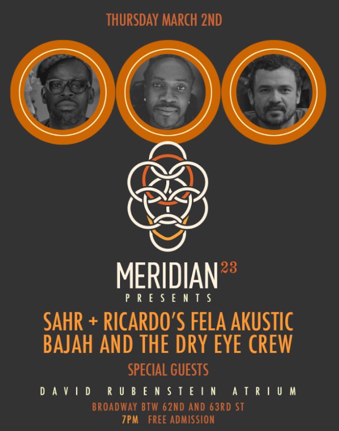 #NYC <a href="/Meridian23nyc/">Meridian 23 Presents</a> Pres. @planetbajah &amp; <a href="/SahrandRicardo/">Sahr And Ricardo</a> Perform ‘Fela aKUsTIc’ <a href="/LincolnCenter/">Lincoln Center</a> For Free This Week facebook.com/events/1084906…