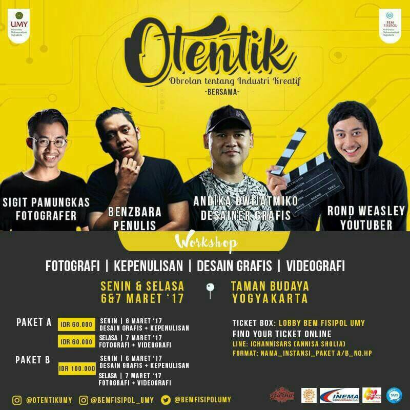 Ada acara menarik nih buat pecinta foto. Yuk cek ig: @otentikumy

CP:
Annisa Sholia - ichannisars (line) / 089616122451

Cheers! 🍻