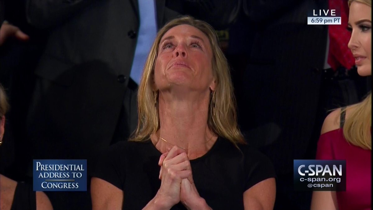 AmyMek's tweet photo. "I love you, baby," Carryn Owens mouthed, while looking upward to heaven. 

#JointAddress https://t.co/qtUCS6x6Jx