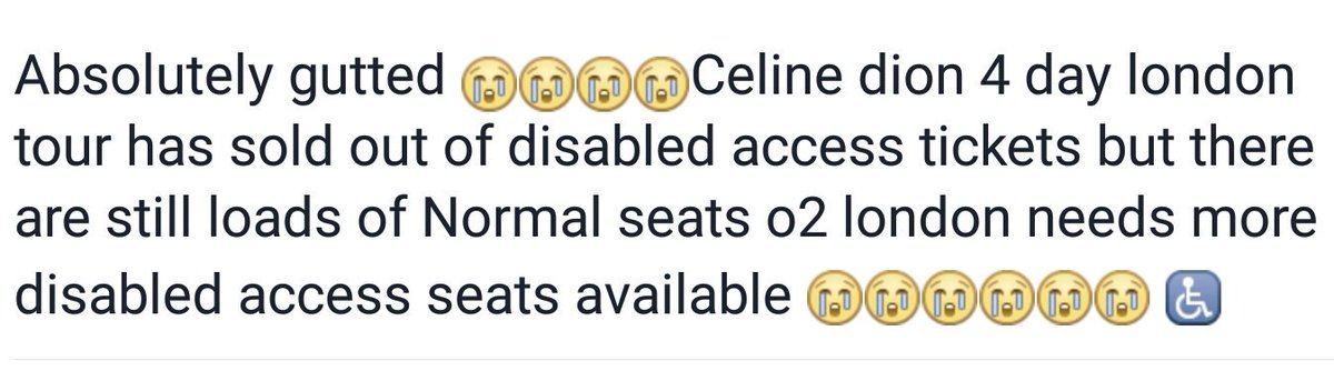 chany_1988's tweet photo. Please please @celinedion @TheO2 i need to see you ive waited YEARS for you to come to london 😭😭😭😭♿ #disabledfan #CelineLive2017 https://t.co/nSkKmgyrUo
