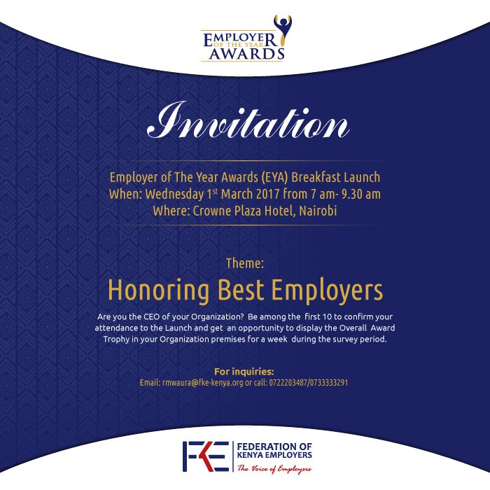 <a href="/FKEKenya/">FKE Kenya</a> congratulations on the launch of the #EYA. Honoring #bestemployers <a href="/ILOKenya/">ILO Kenya</a> <a href="/greenjobskenya/">ILO Green Jobs Kenya</a> <a href="/mary_kawar/">Mary  Kawar</a> <a href="/slstuitoek/">Silas Tuitoek</a> <a href="/hmagutu/">Helen Magutu Amakobe</a>