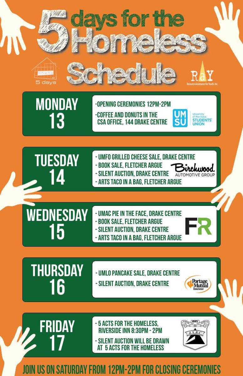 5daysum's tweet photo. DAY 3 HAS KICKED OFF! Come on down to Drake Centre to pie someone in the face! Lots of fun silent auction prizes too #5Dayswpg #5D4H https://t.co/ZtRBHkwoUt