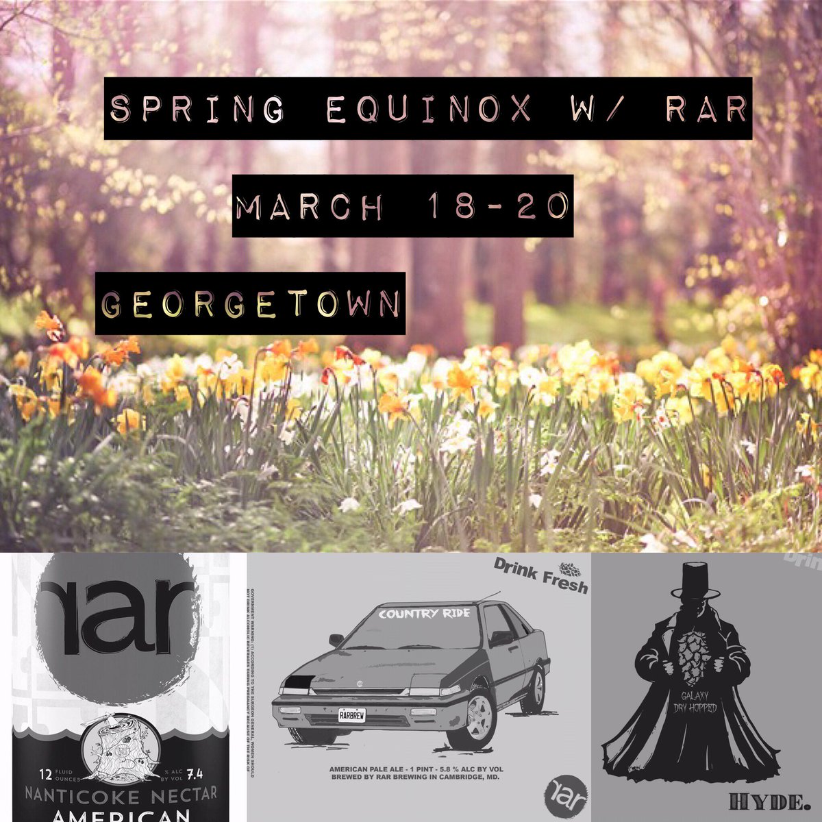 We'll be pouring core product from <a href="/rarbrew/">RAR Brewing</a> all weekend in #georgetown! Join us Monday for 3 specialty tappings!