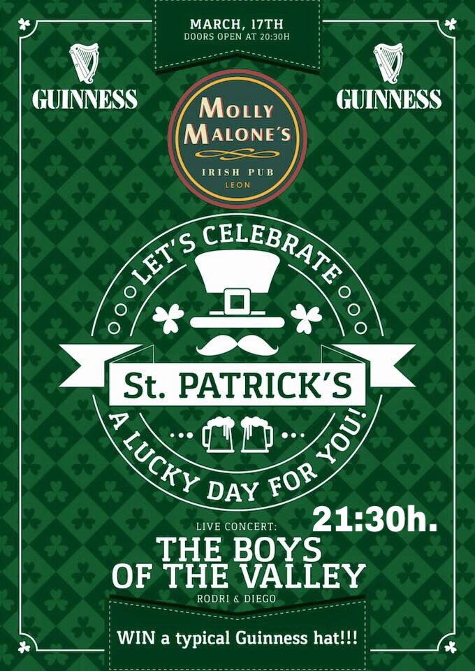 Este Viernes es ST. PATRICK'S Day
Tenemos preparado el mejor concierto
"THE BOYS OF THE VALLEY "
(Rodri y Diego)
Concierto a las 21:30h.
