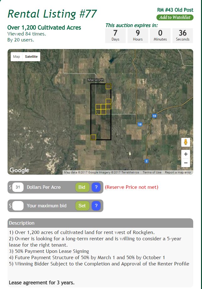 Renterra's tweet image. 1,200 Acres for rent near Rockglen. Only 7 days left to place a bid. Current bid is $30 per acre. Visit renterra.ca #skland4rent