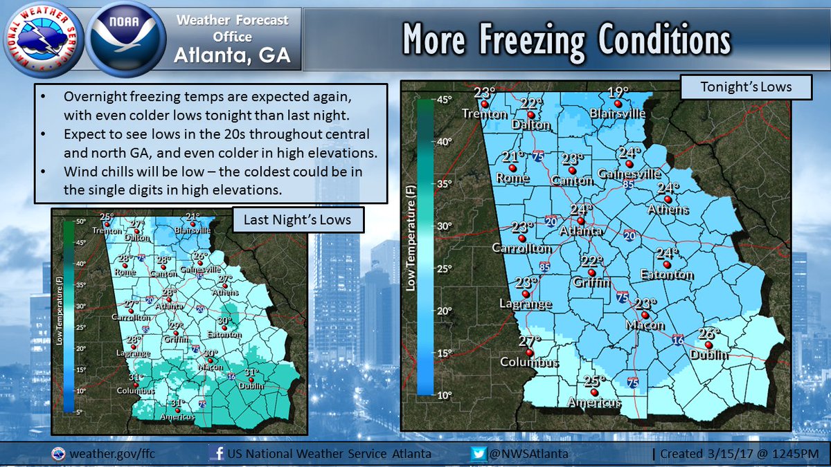 NWSAtlanta's tweet photo. Below freezing temperatures and cold wind chills are expected for our area again tonight. Bundle up and keep warm! #gawx https://t.co/5H2sQRbOFX