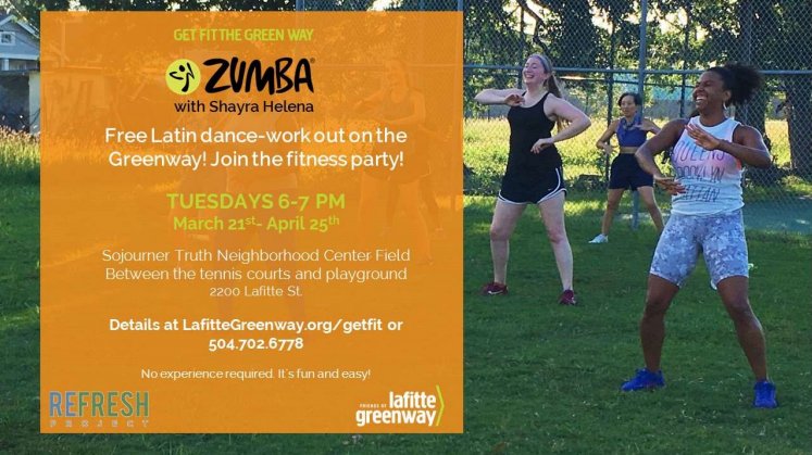 TulanePRC's tweet photo. Join the fitness party! Free Zumba class tonight on @lafittegreenway 6-7pm with @TheReFreshProj. For more info: https://t.co/8noJf0UDQF https://t.co/wEsVooOoLK