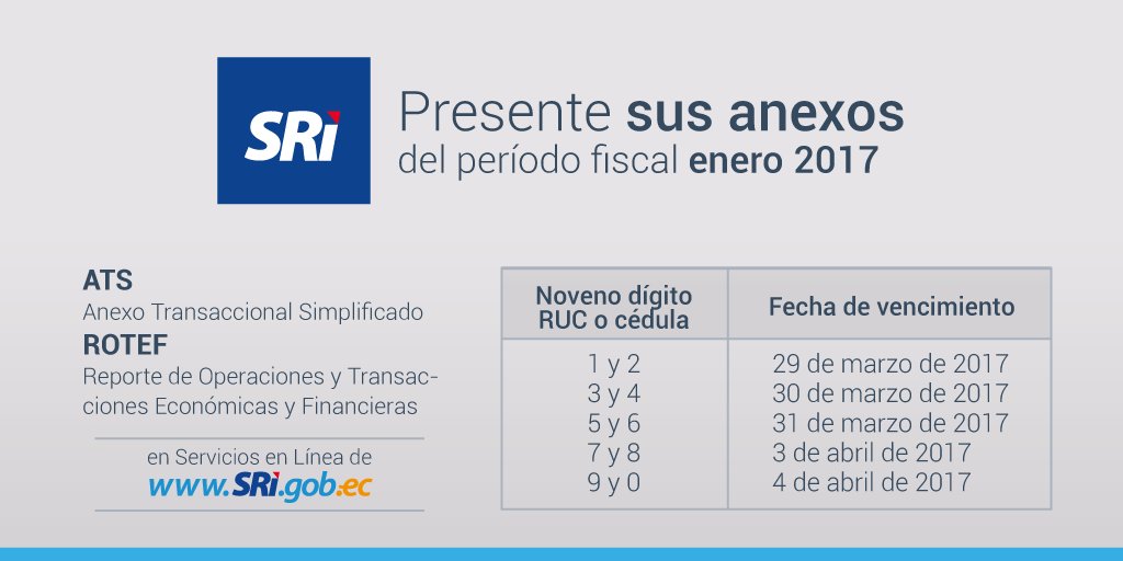 SRIoficialEc's tweet photo. Conozca las nuevas fechas para presentar los anexos #ATS y #ROTEF ►https://t.co/FWMhsmTNnI https://t.co/ycAAqIwHyo