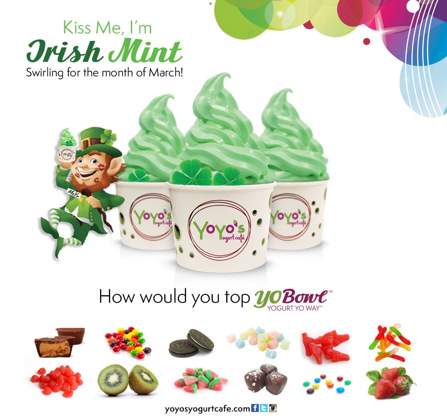 yoyosyogurt's tweet photo. How would you top #YoBowl of #IrishMint? #KissmeImIrishMint is swirling for the month of #March! #StPattysDay #luckOtheIrish #yogurtYOway https://t.co/X2877DdiMq