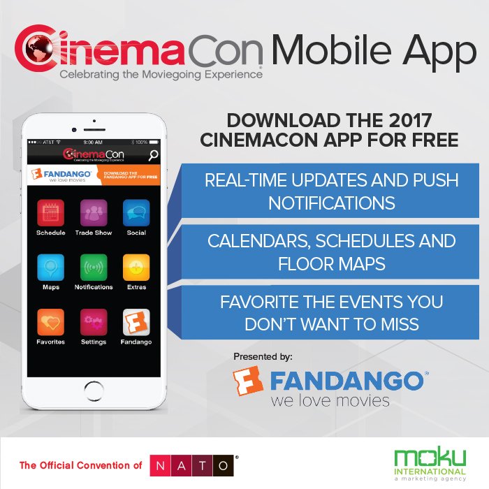 CinemaCon's tweet photo. The CinemaCon mobile app is available NOW!
iOS: https://t.co/jBx97dvUGx
Android: https://t.co/kHtNDiaTIl
#CinemaCon #CinemaCon2017 https://t.co/h03MtG0cLh