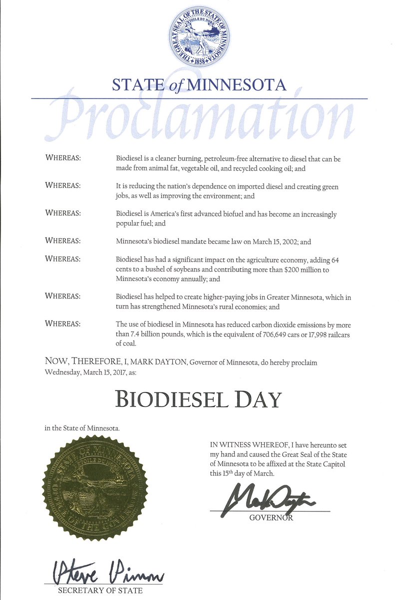 MN Soybean Growers (@mnsoygrowers) on Twitter photo It's official! <a href="/GovMarkDayton/">Governor Mark Dayton</a> has proclaimed today as #Biodiesel Day! This biofuel is valuable to the farmer, MN economy and air! #mnag It's official! <a href="/GovMarkDayton/">Governor Mark Dayton</a> has proclaimed today as #Biodiesel Day! This biofuel is valuable to the farmer, MN economy and air! #mnag